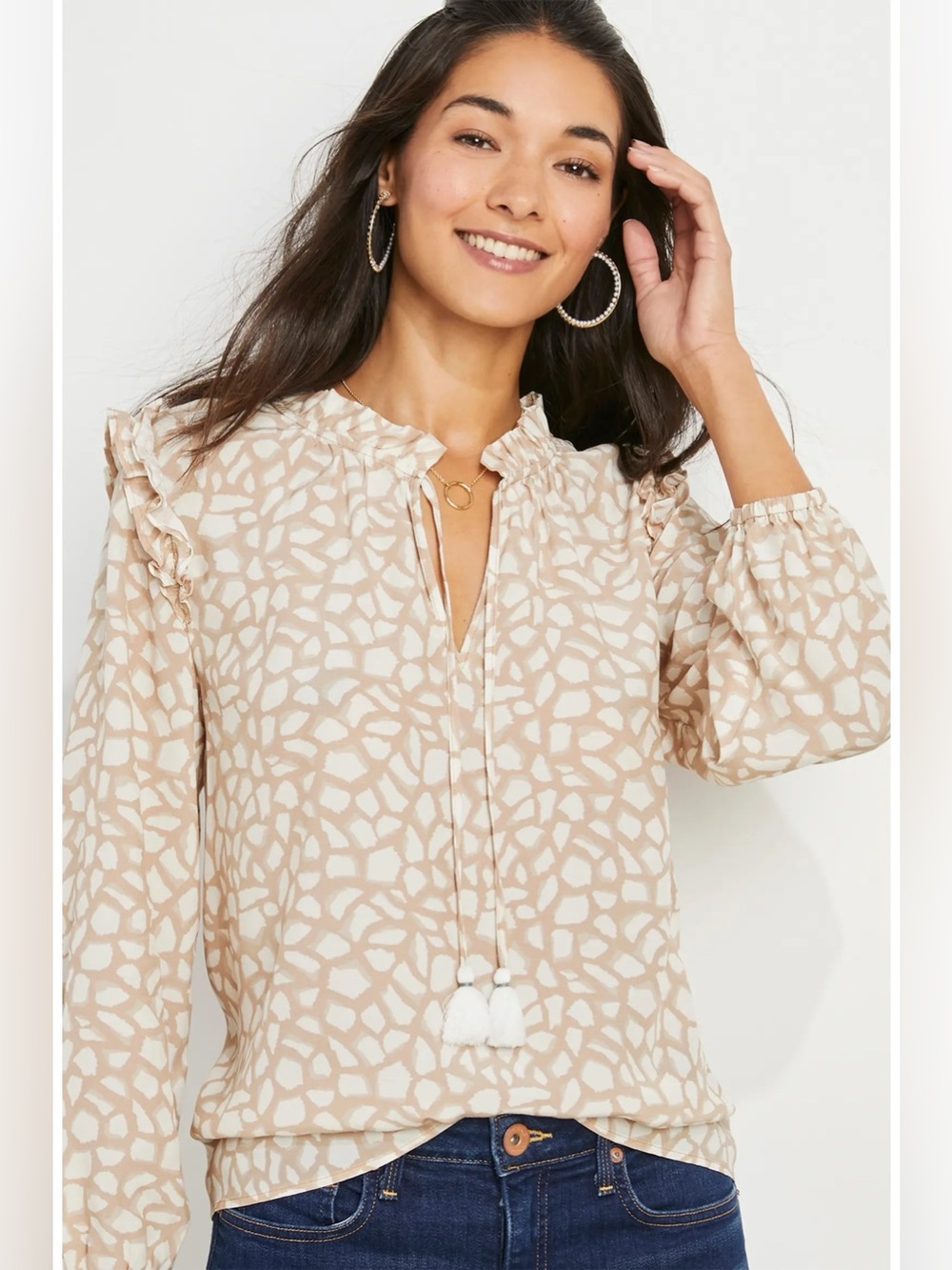 Vineyard Vines NWT Animal Print Ruffle Blouse Pink White Tassel Tie Women Size L